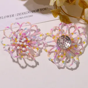 Beaded flower DIY accessory detail, colorful handmade hollow floral charm for custom jewelry making.