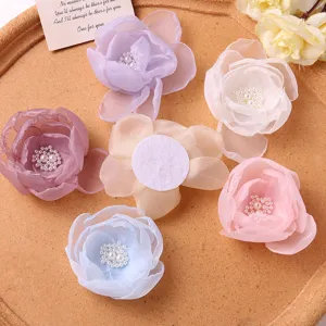 Sweet mesh floral hair clips set, colorful chiffon fabric flowers with pearl centers for women.
