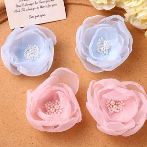 Sweet mesh flower hair clips set, cute pearl center floral hair accessories for women and girls.