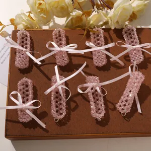 Korean style pink crystal beaded ribbon shoe pendants DIY cute keychain bag charm set
