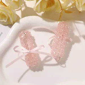 Korean ballet style pink beaded ribbon crystal shoe pendant DIY cute bag keychain accessory.