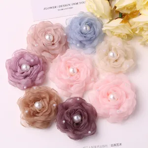 Beautiful chiffon camellia flower patches with faux pearls, perfect for DIY hair clips.