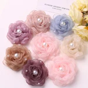 Chiffon mesh camellia flower patches with faux pearls, perfect for DIY hair clips and apparel.