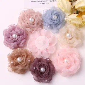 Chic mesh camellia flower DIY accessories with faux pearls for hair clips brooches crafts
