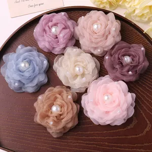 Multi-color mesh camellia flower DIY accessories with imitation pearls for hair clips and brooches