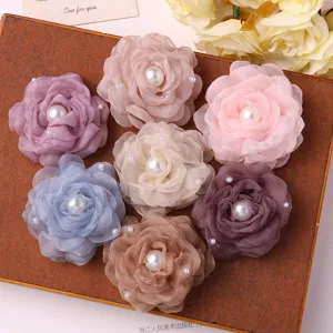 Fabric camellia flower details, chiffon net yarn floral accessories with pearl accents.