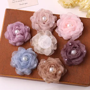 Chiffon mesh camellia flower patch with pearl center for DIY apparel accessories detail