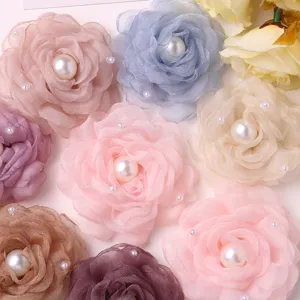Organza mesh camellia flower with pearl center, perfect for DIY hair clips and clothing craft.