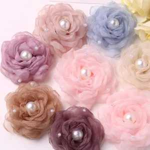 Colorful organza camellia flower brooch with faux pearl for DIY hair clips and apparel