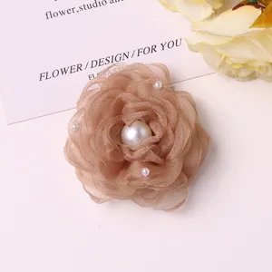 Exquisite organza camellia flower brooch and hair clip accessory with elegant faux pearls.