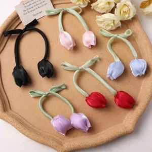 Handmade Woven Fabric Tulip Flower Hair Clip Ribbon Bow DIY Hair Accessories Craft Headwear Decoration For Women Girls