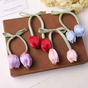 Double head tulip fabric ribbon bow hair tie DIY handmade woven hair accessory detail
