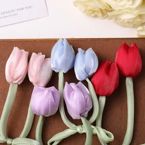 Double tulip fabric ribbon bow hair accessory DIY handmade hair clip and tie part.