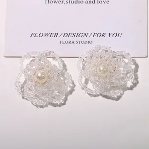 Korean vintage imitation pearl beaded flower earrings DIY handmade acrylic fashion details.