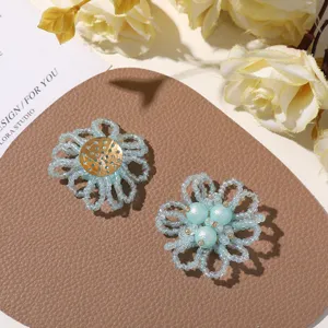 Blue beaded pearl hollow flower DIY earrings hair clip clothing accessories decor