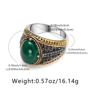 Vintage men's stainless steel ring with green stone and braided band details.