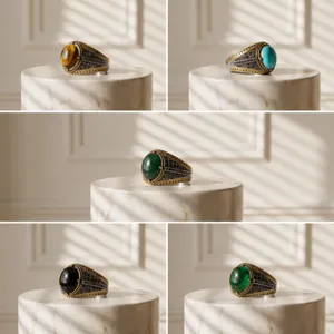 Vintage Mens Stainless Steel Wide Ring Cabochon Stone Multi Color Retro Jewelry Band