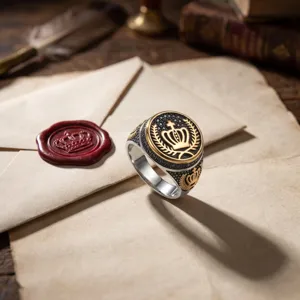 Elegante anello sigillo uomo vintage largo con corona dorata e motivo di alloro argento.