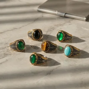 Vintage men's stainless steel rings with oval gemstone and twisted rope bezel design.