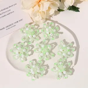 Handmade beaded flower charms, green white floral accessories for cute earrings and hair clips DIY.