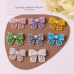 Beaded bow DIY accessories, assorted pastel colors pearl center charms for jewelry and hair crafts.