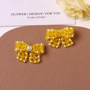 Handmade yellow beaded bow accessories, crystal pearl DIY charm for earrings and hair crafts.