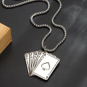 Stainless steel poker spade straight flush pendant necklace for men trendy street style jewelry