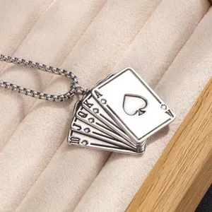Stainless steel royal flush playing card pendant necklace for men trendy street style jewelry.