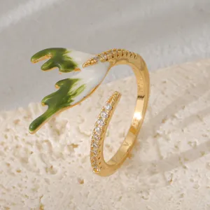 Gold plated open ring with green white enamel deer antler and sparkling cubic zirconia.