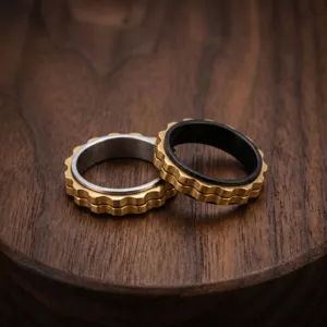 Stainless steel spinner ring with gear design, industrial style decompression ring for men.