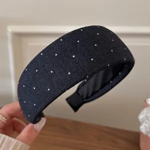 Black wide rhinestone dot headband detail, stylish daily hair hoop accessory for women.