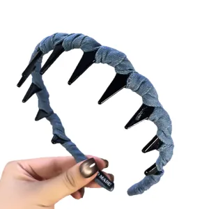 Denim wrapped hair hoop with black teeth comb, stylish high crown headband for women daily.