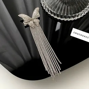 Hermosa pinza de pelo metalica con forma de mariposa y flecos largos de strass para mujeres