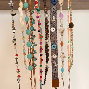 Bohemian natural stone braided rope waist chain and hair accessories detail showcase.