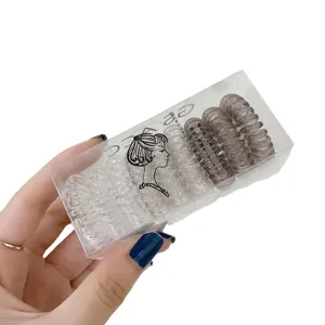 Transparent box packaged telephone wire hair ties, high elasticity hair coils for women and girls.