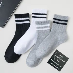 Unisex Striped Crew Socks Classic Double Bar Preppy Style Breathable Polyester Casual Athletic Sports Socks Men Women