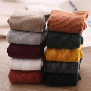 Women Casual Solid Color Slouch Socks Japanese College Style Cotton Vertical Striped Over The Calf Long Tube Socks