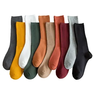 Women solid color ribbed mid calf socks, Japanese style casual cotton long tube fashion socks.