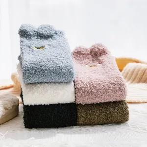Calze da Casa Calde in Pile Corallo Spessorato Invernale da Donna Ricamo Orecchie di Gatto Calze da Notte Antiscivolo