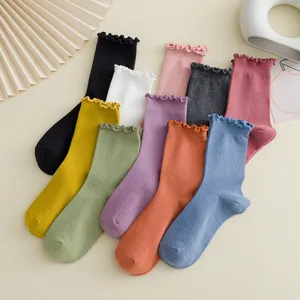 Womens Sweet Solid Color Crew Socks Cute Lettuce Trim Ruffle Edge Comfortable Cotton Casual Socks Daily Wear