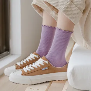 Ruffled mid-tube socks for women, cute solid color cotton socks with sweet lace trim design.