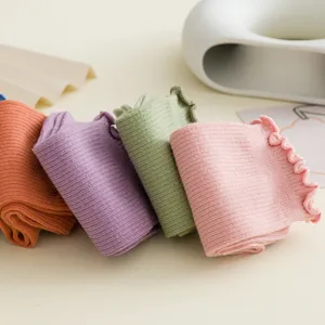 Cute lettuce edge women socks mid-tube solid color cotton socks sweet ruffled hosiery