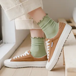 Japanese style sweet lettuce edge mid tube cotton socks for women, cute solid color casual long socks.