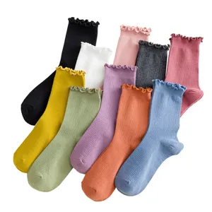 Women cute ruffle socks solid color cotton mid tube cute fashion casual sweet hosiery pair