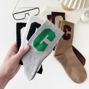Calzini a Mezza Gamba Sportivi in Cotone Casual da Donna Tinta Unita Ricamo Lettere Tubo Alto
