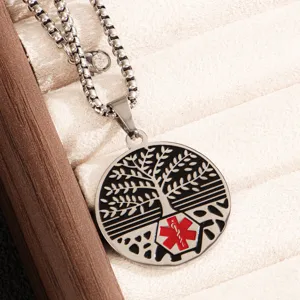 Roestvrij staal levensboom rode emaille medisch symbool ronde hanger ketting voor heren