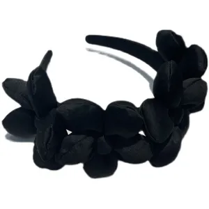 Black camellia flower padded headband, French vintage elegant hair accessory for women.