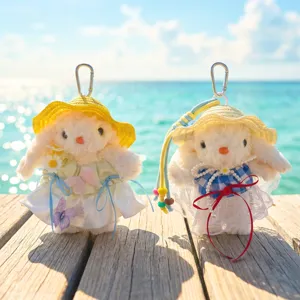 Süßer Plüsch Kaninchen Schlüsselanhänger mit Sommerkleid und Hut, weicher Taschenanhänger.