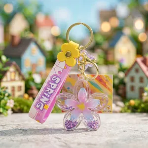 Süßer Kirschblüten Treibsand Schlüsselanhänger Flüssig Glitzer Tasche Anhänger Geschenk