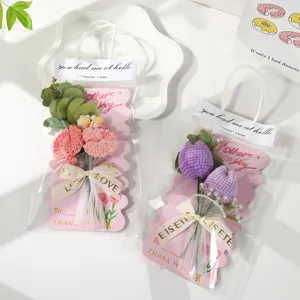 Handgemaakte gehaakte anjer tulp bloemenboeket Moederdag wenskaart cadeau set.